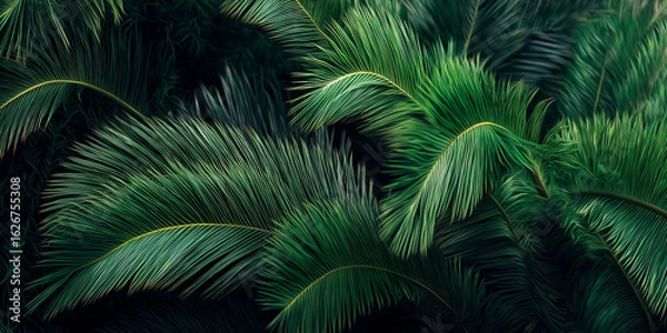 Fototapeta Dark and moody tropical palm leaves overlapping in natural foliage design
