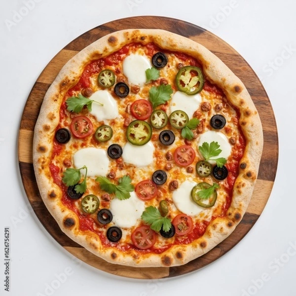 Fototapeta Close-up of gourmet pizza featuring fresh mozzarella, jalapenos, tomatoes, olives, herbs on golden crust. Delicious Italian dish served on rustic wooden board, perfect for culinary blogs, restaurant