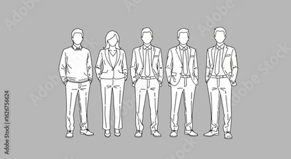 Fototapeta Business Team Outline Illustration in Formal Wear on Gray Background