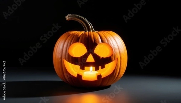 Fototapeta A single carved pumpkin glows on a matte black surface under dramatic lighting. Ideal for Halloween campaigns, seasonal decor branding, and World Art Day visuals with minimalist flair.