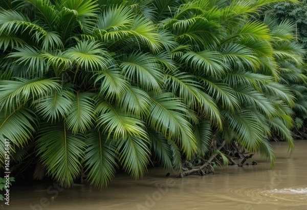 Fototapeta Close up Dense Tangle of Lush Green Palm Fronds Overhanging Muddy Bank