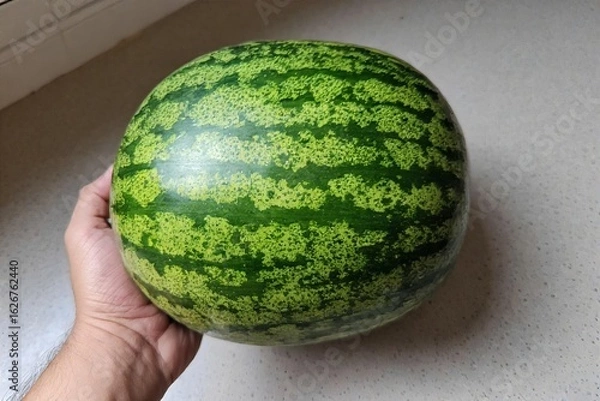 Fototapeta Whole and slice of ripe watermelon, heap of watermelon slices as background