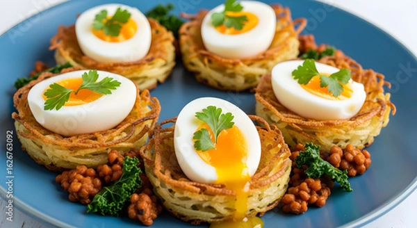 Fototapeta Delightful potato nests topped with soft boiled eggs and fresh parsley create an elegant brunch spread, perfect for Easter or a special spring celebration