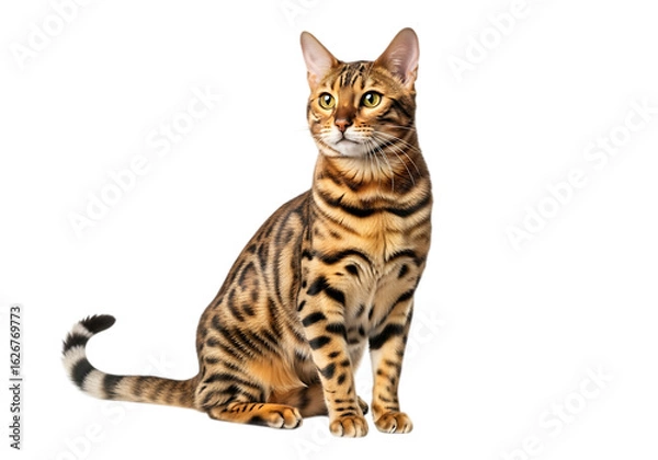 Fototapeta Illustration of bengal cat sitting looking to the side isolated on transparent background