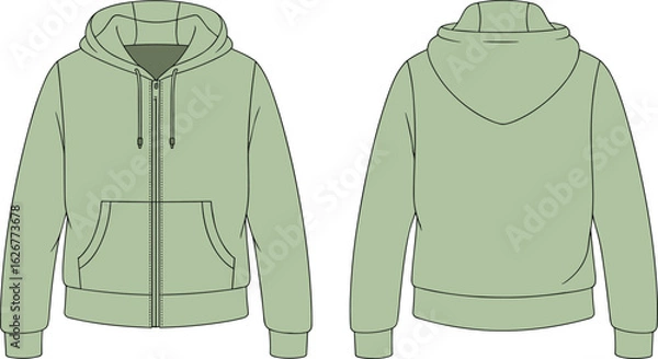 Fototapeta Zip-up hoodie sketch, front zipper, drawstring hood, split pocket, plain back, fashion CAD, vector illustration, garment design template