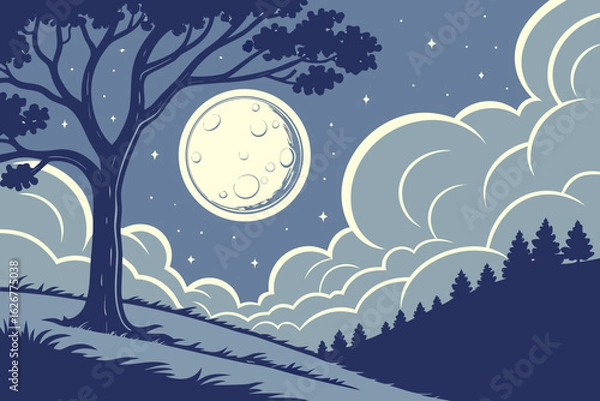 Fototapeta Glowing full moon rises into deep blue sky, surrounded by swirling clouds in a dreamy impressionist tone, modern flat illustration style.