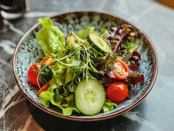 Fototapeta Realistic bowl of fresh mixed salad with greens and cucumbers