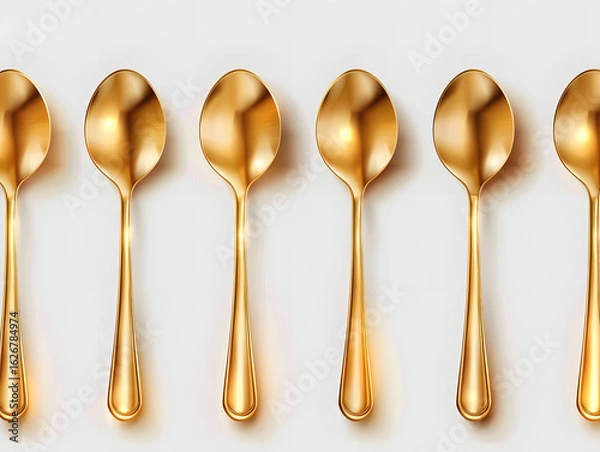 Fototapeta Set of six golden dessert spoons arranged on a white surface