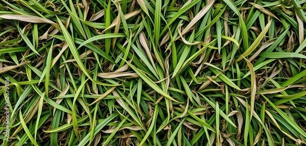 Fototapeta Textured top-down view of partially dried green grass, showing natural organic pattern,  botanical,  lawn