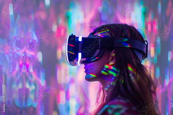 Fototapeta Woman in a VR Headset Immersed in a Colorful, Glowing Virtual Environment