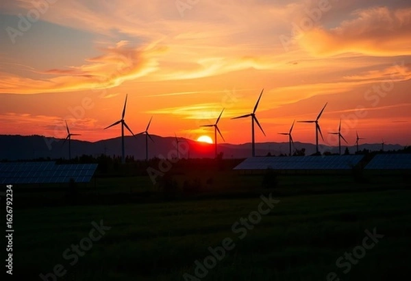 Fototapeta Sunset silhouettes of wind turbines and solar panels in a verdant field,  green technology,  renewable resources