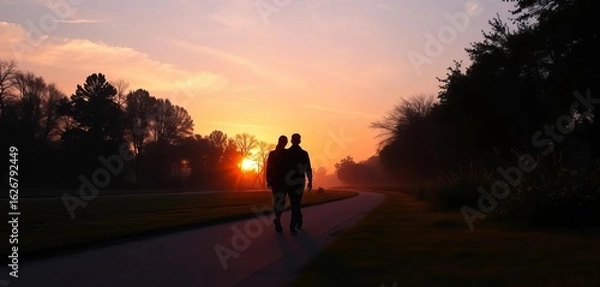 Fototapeta Sunrise silhouettes of two figures strolling park path,  shadows,  sky
