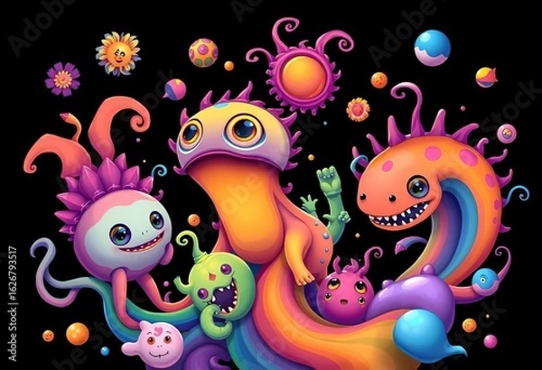 Fototapeta Vibrant, cartoonish surreal creatures and swirling shapes in a rainbow palette against a black backdrop,  otherworldly,  unique