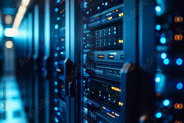 Fototapeta Aisle of Server Racks in a Modern Data Center with Glowing Lights