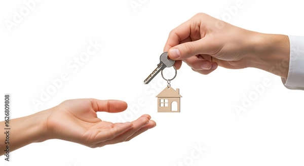 Fototapeta Real estate agent's hand giving house keys to a new homeowner. Isolated on transparent background, png