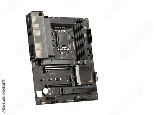 Fototapeta Close-up  ATX motherboard showing components, connectors, and circuit design. Isolated on white background.