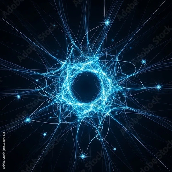 Fototapeta Glowing blue energy web forming a neural network with sparkling nodes on a black background.