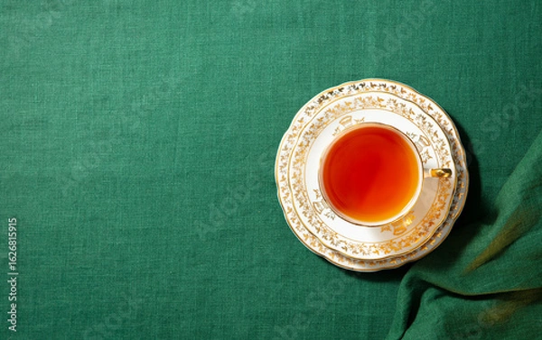 Fototapeta Cup of tea on a green textile cloth. Copy space. Top view.