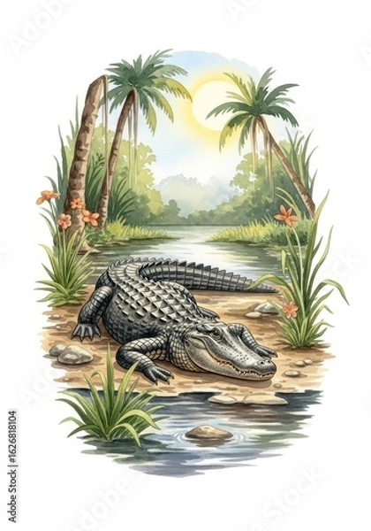 Fototapeta Majestic Alligator in Serene Swamp - A majestic alligator rests peacefully by a tranquil swamp, symbolizing nature's power, serenity, patience, resilience, and wild beauty