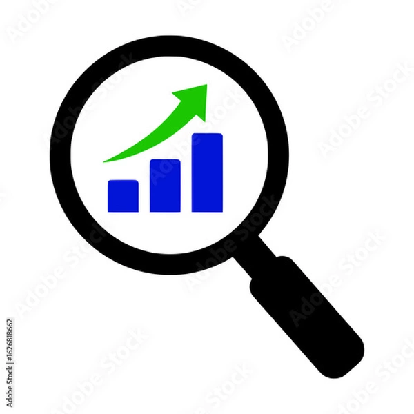 Obraz flat icon of a magnifying glass with bar chart and upward arrow