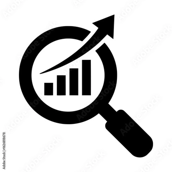 Obraz solid black icon of a magnifying glass with bar chart and upward arrow