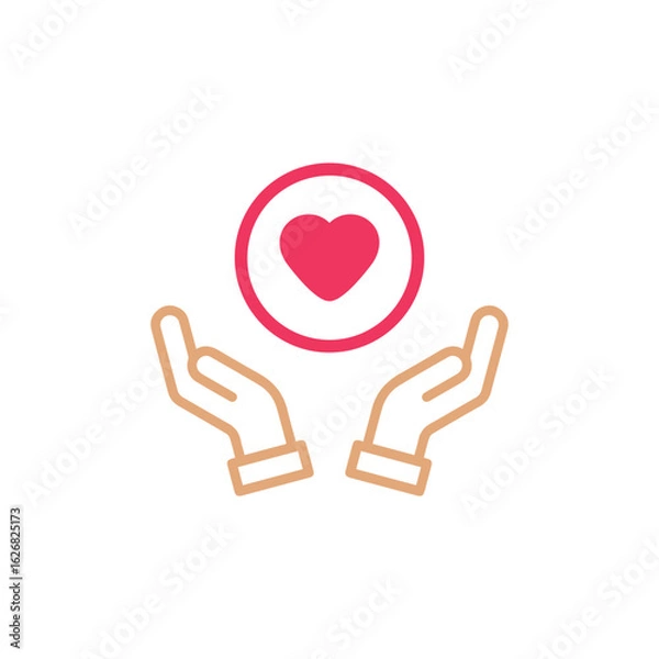 Fototapeta Two hands cupping a red heart inside a red circle, symbolizing care.