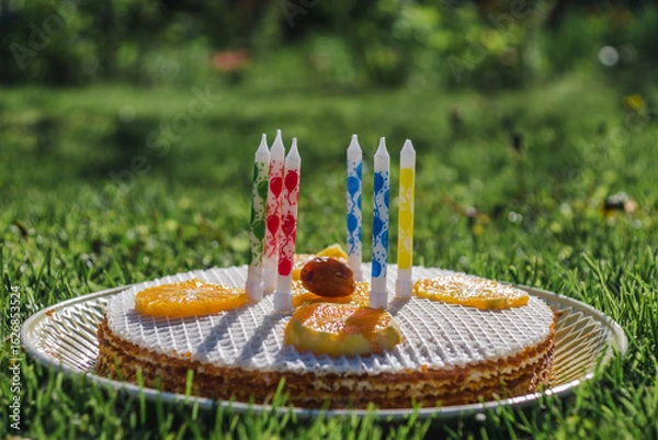 Obraz Birthday waffle cake with candles on the green grass background.