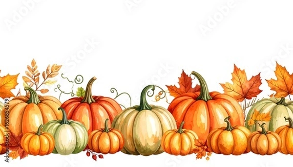 Obraz Autumn pumpkins and leaves horizontal border