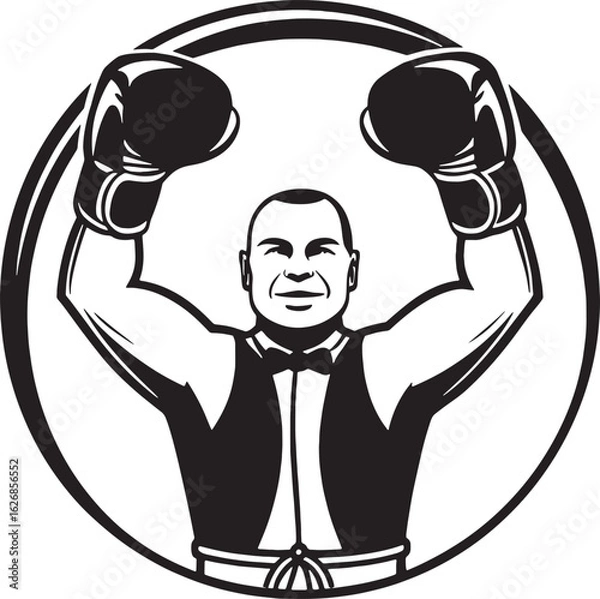 Fototapeta Black and white vector of a male boxer with raised arms inside a circular frame, symbolizing victory and confidence.
