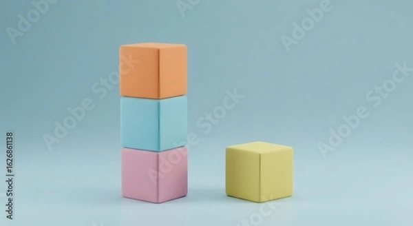 Fototapeta Stacked Cubes Composition: A minimalist composition featuring three vibrant, stacked cubes in a tower, next to a standalone cube on a soft pastel background, embodying balance and design.