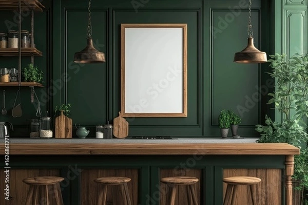 Fototapeta Dark green kitchen with wooden accents and blank poster