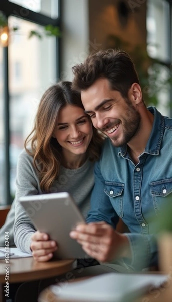 Fototapeta Happy couple enjoying a cozy moment together while using a tablet