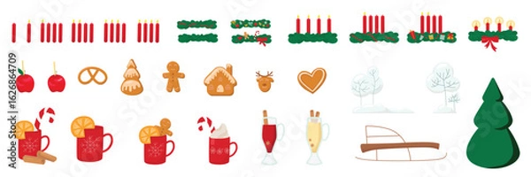 Obraz Christmas Advent wreath with candles, gingerbread, drinks set. Traditional holiday decoration for market. Vector stock hand drawn illustration isolated on white background Xmas Cozy Aesthetic vibes