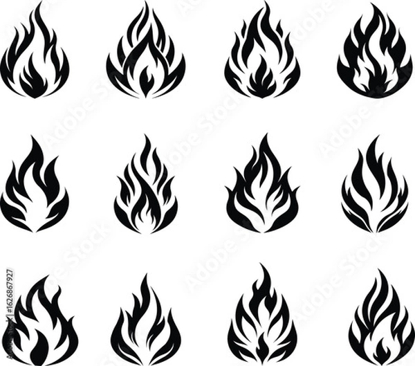 Obraz A set of  twelve fire flame vector silhouette designs. Simple collection. Isolated bundle.	