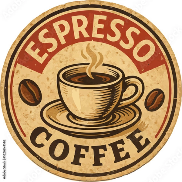 Fototapeta A vintage-style circular illustration featuring a cup of espresso coffee with steam rising, surrounded by coffee beans and the words "ESPRESSO COFFEE."