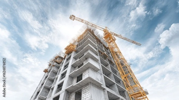 Fototapeta Upward View of a High-Rise Building Under Construction with Crane and Dramatic Sky
