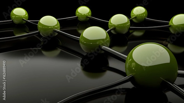 Fototapeta Abstract network of connected olive-green spheres on black reflective surface, suitable for technology or connection concepts
