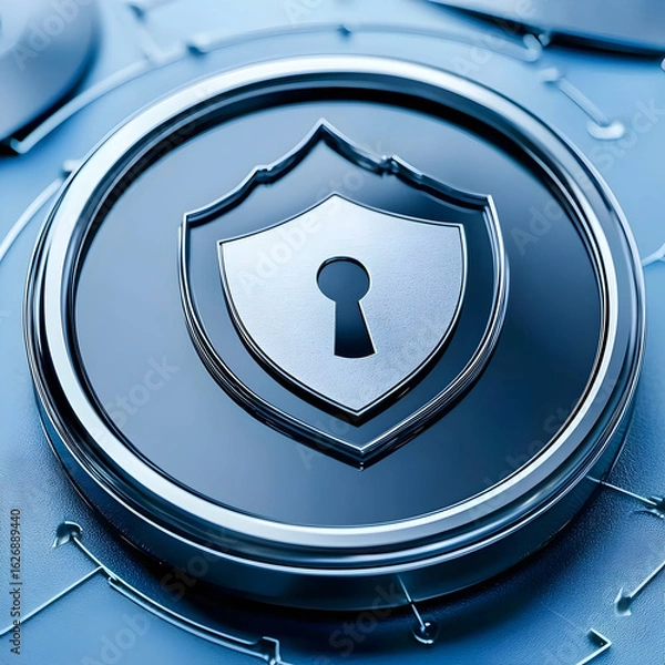 Fototapeta Abstract digital shield icon on a light blue background.  Possible use for security, technology, or business concept