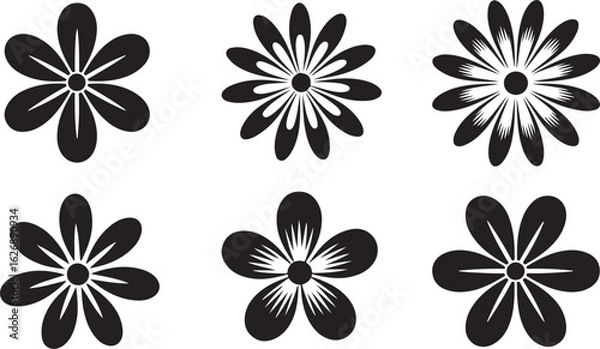 Fototapeta Stylized black flower vector icons set with diverse petal shapes and intricate details