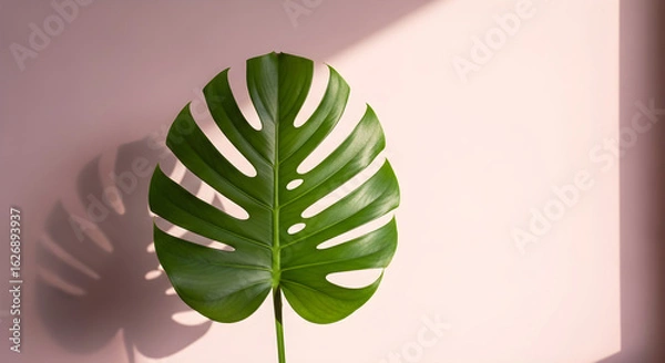 Fototapeta Monstera leaf on a pink background with soft shadows