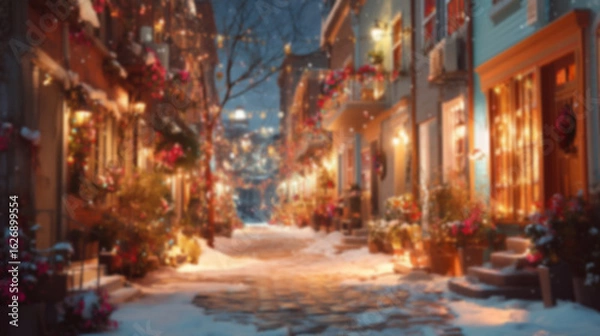 Fototapeta Blurred background with cozy streets and houses decorated for Christmas with colorful lights, wreaths, garlands, and glowing ornaments, snowy ground setting a warm festive atmosphere in the evening.