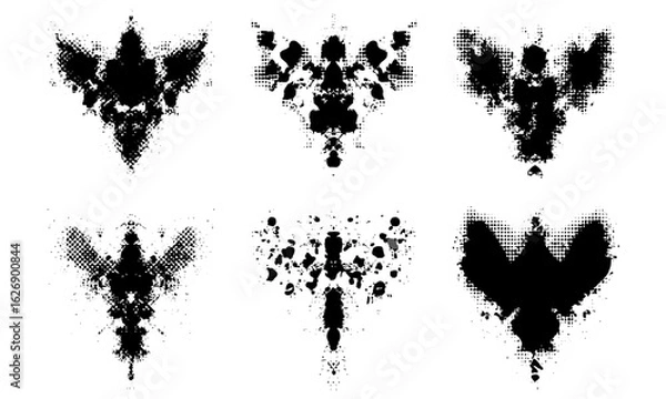Fototapeta Abstract symmetrical ink stains from Rorschach test with halftone dot texture. Geometric glitch and distressed grunge punk shapes combine in this vector illustration. Psychology