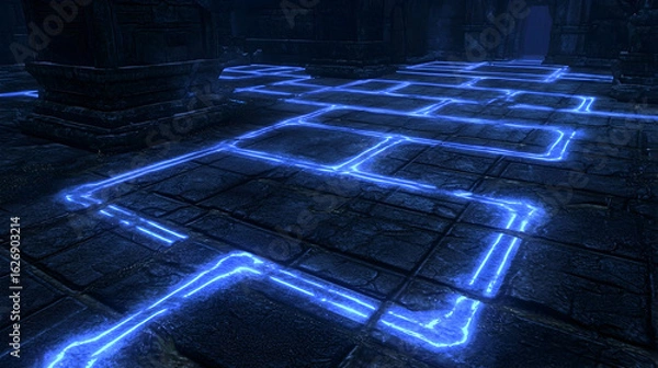 Fototapeta Glowing blue pathways in ancient stone temple; mysterious background.  Use Fantasy game asset