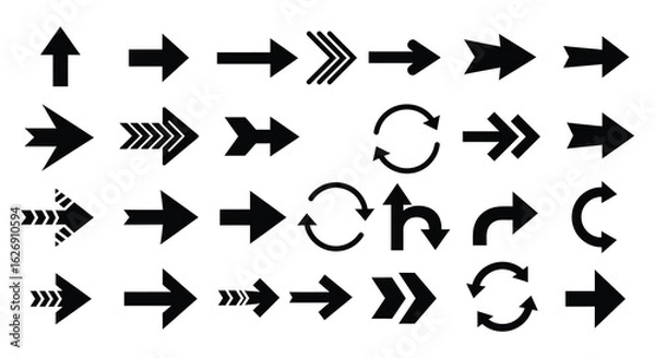 Fototapeta Collection of diverse black arrow icons and symbols pointing in various directions and styles