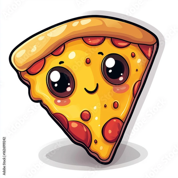 Fototapeta Funny logo of happy pizza slice with big eyes in vibrant minimalist cartoon style Generative AI
