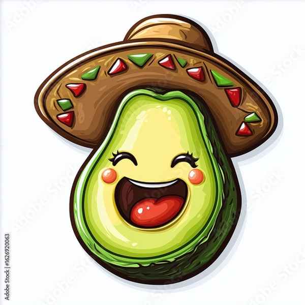 Fototapeta Funny logo of winking avocado wearing sombrero in vibrant minimalist cartoon style Generative AI