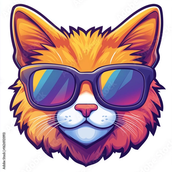 Fototapeta Funny logo of grinning orange cat with oversized glasses in vibrant minimalist cartoon style Generative AI