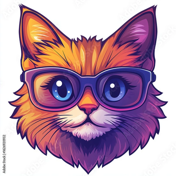 Fototapeta Funny logo of grinning orange cat with oversized glasses in vibrant minimalist cartoon style Generative AI