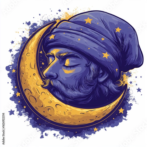 Fototapeta Funny logo of sleepy moon wearing nightcap in vibrant minimalist cartoon style Generative AI