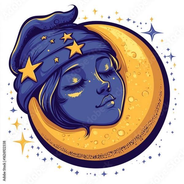 Fototapeta Funny logo of sleepy moon wearing nightcap in vibrant minimalist cartoon style Generative AI